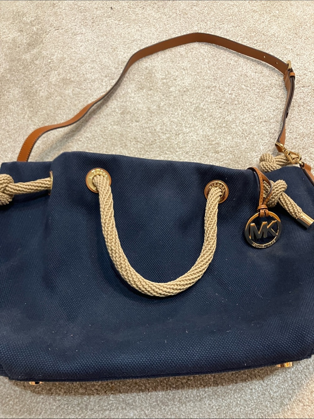 Michael Kors Navy Canvas Tote with Cream Rope Handles and Brown Removable Strap